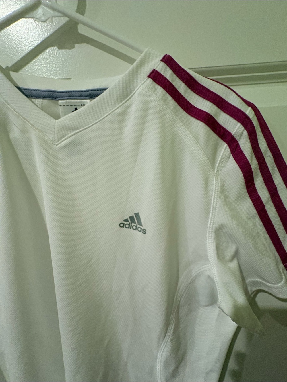 adidas White Tee with Magenta Shoulder Stripes